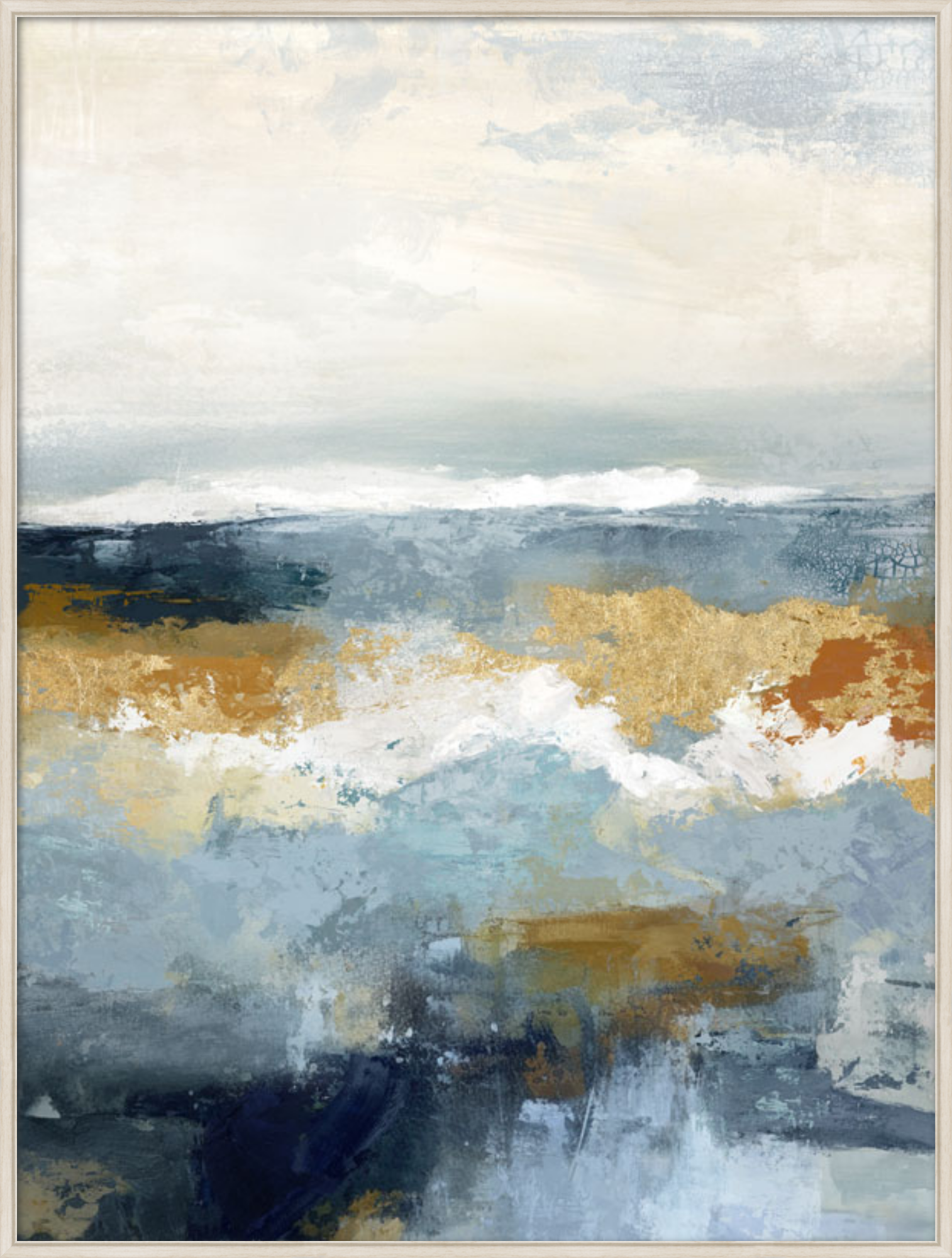 Abstract art print with blue, gold, and white colors