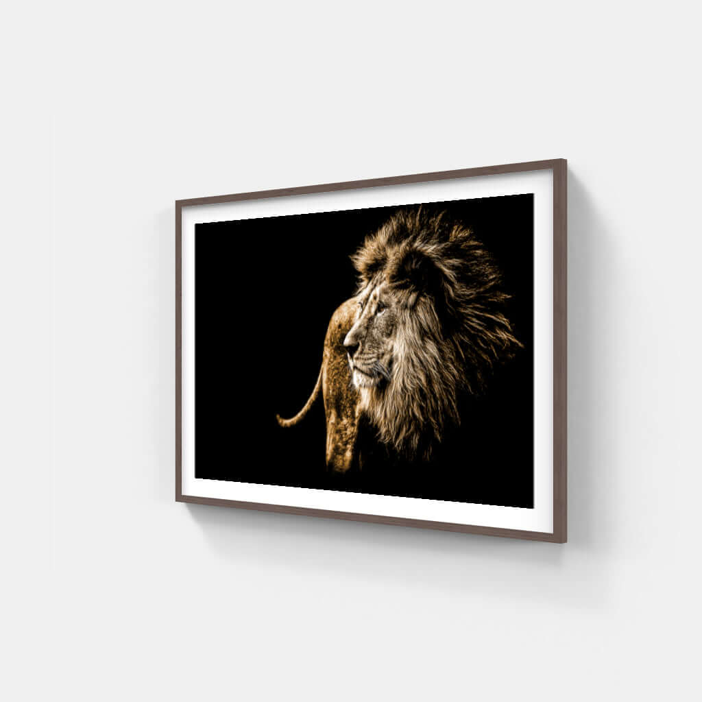Framed wildlife print of a magnificent lion, showcasing African art and perfect for home decor.