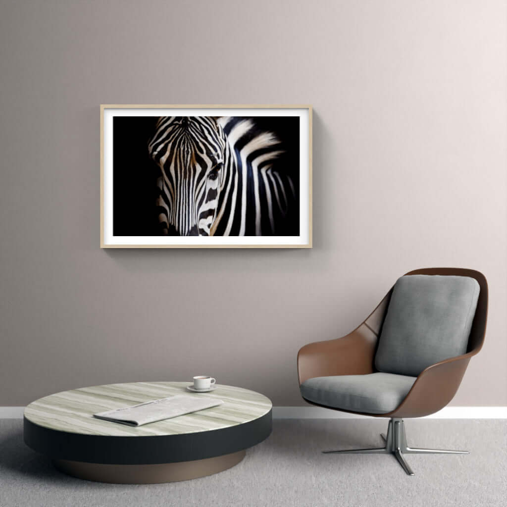 Framed wildlife print of a zebra, showcasing detailed stripes, enhancing modern interior decor.