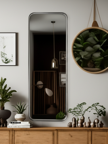 Modern interior with wooden sideboard, decorative plants, and wall mirrors.