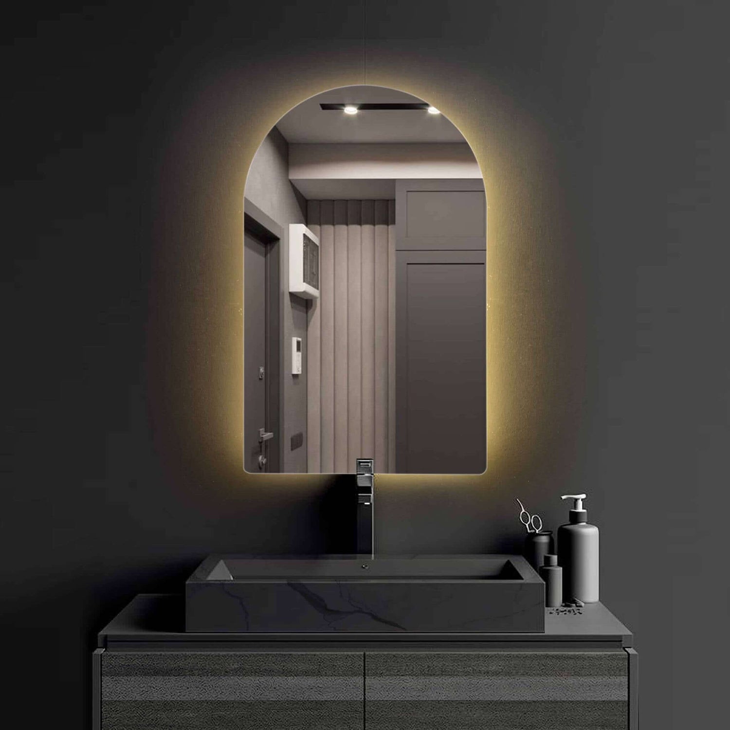 Crescent frameless LED mirror with sleek design and soft backlit feature in modern bathroom setting.