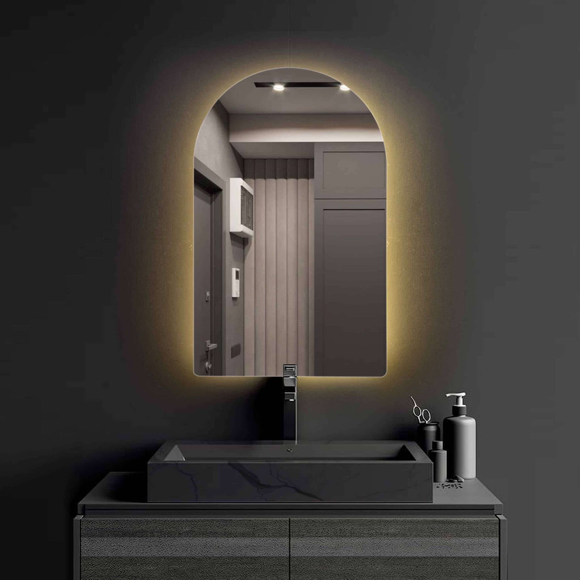 Crescent frameless LED mirror with sleek design and soft backlit feature in modern bathroom setting.