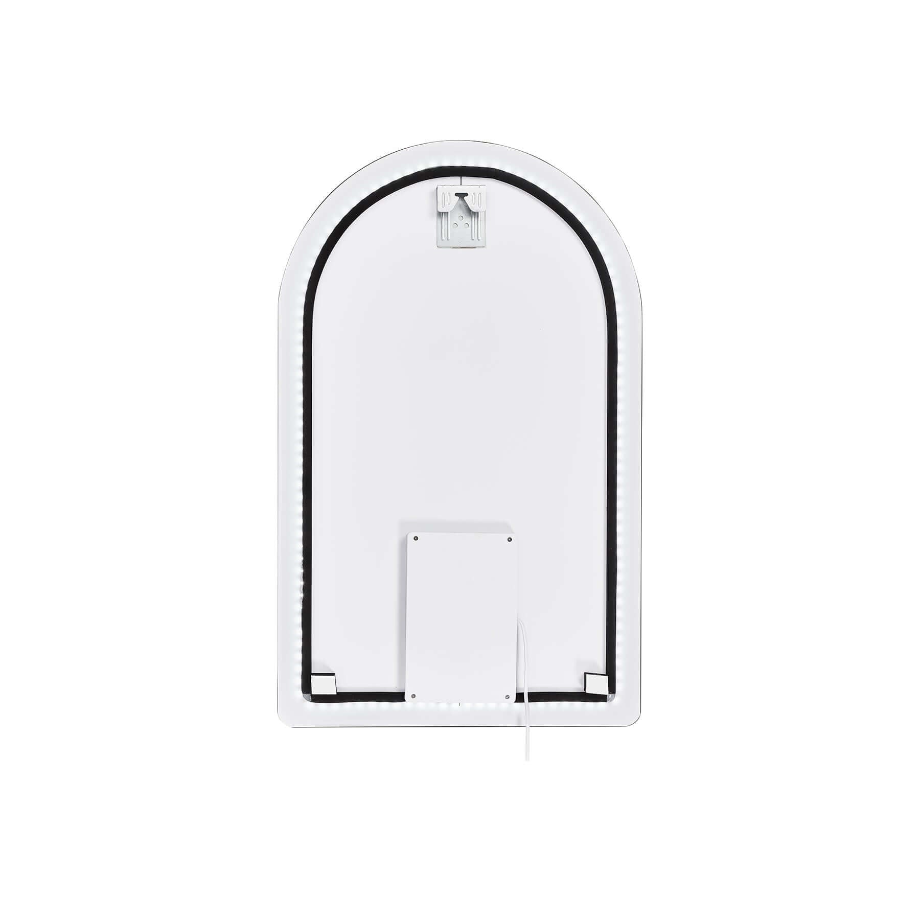 Back view of the Crescent Frameless LED Mirror showcasing its smooth, curved design and integrated lighting features.
