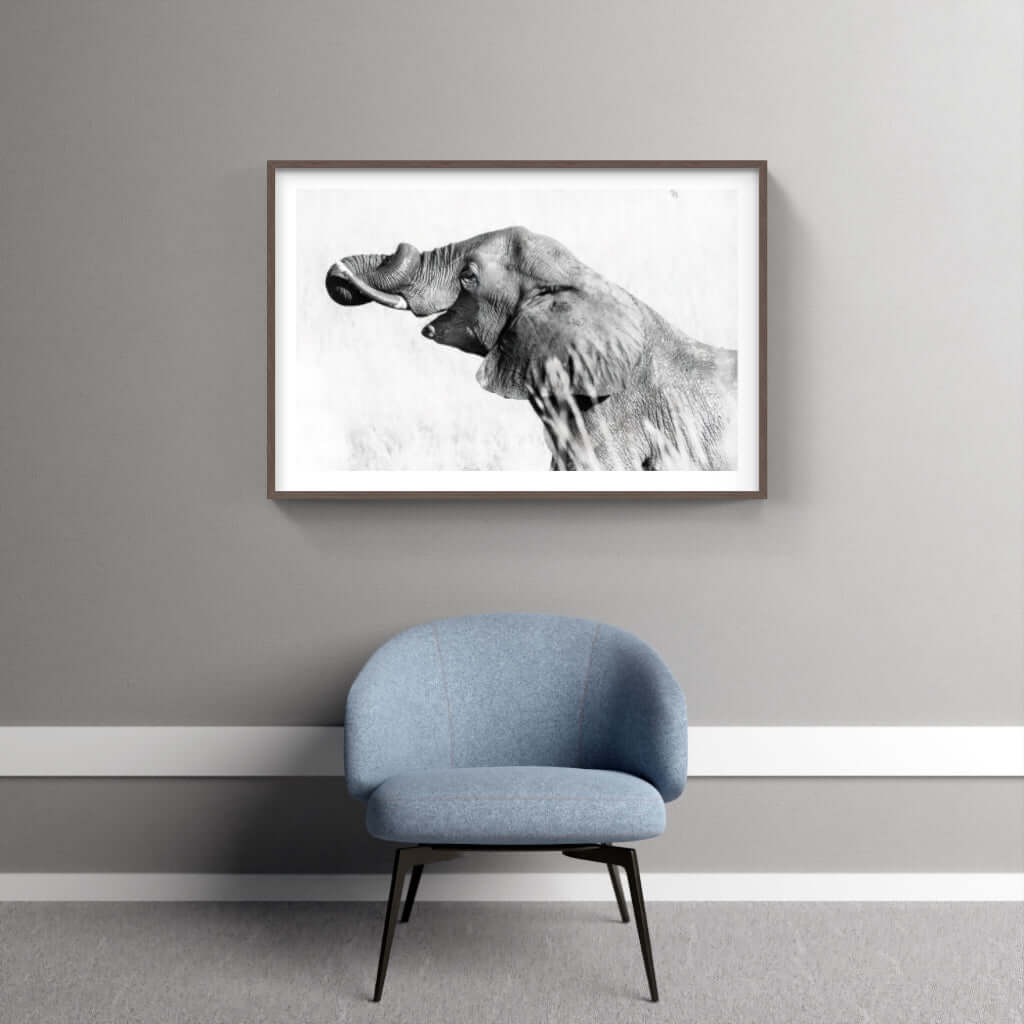 Framed elephant print showcasing intricate wildlife photography, enhancing modern interior decor.