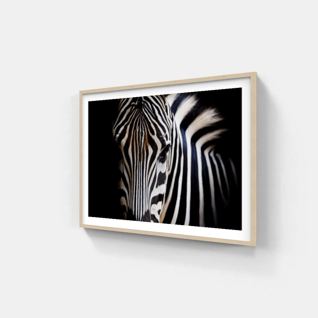 Framed wildlife print of a zebra, showcasing intricate patterns and elegant design for modern decor.