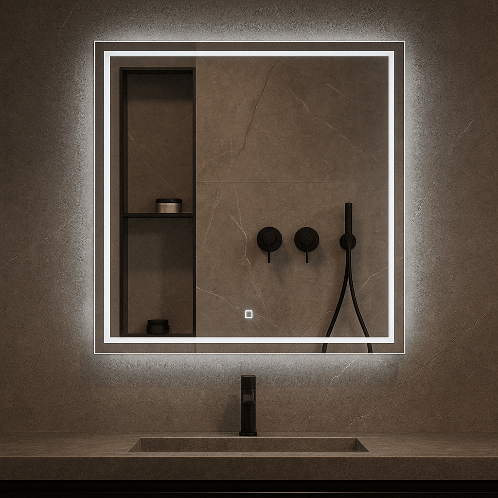 Frameless LED mirror with modern design, illuminated edges, and touch sensor control, set against a minimalist background.
