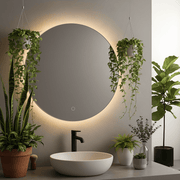 Round frameless LED bathroom mirror with a backlit glow.