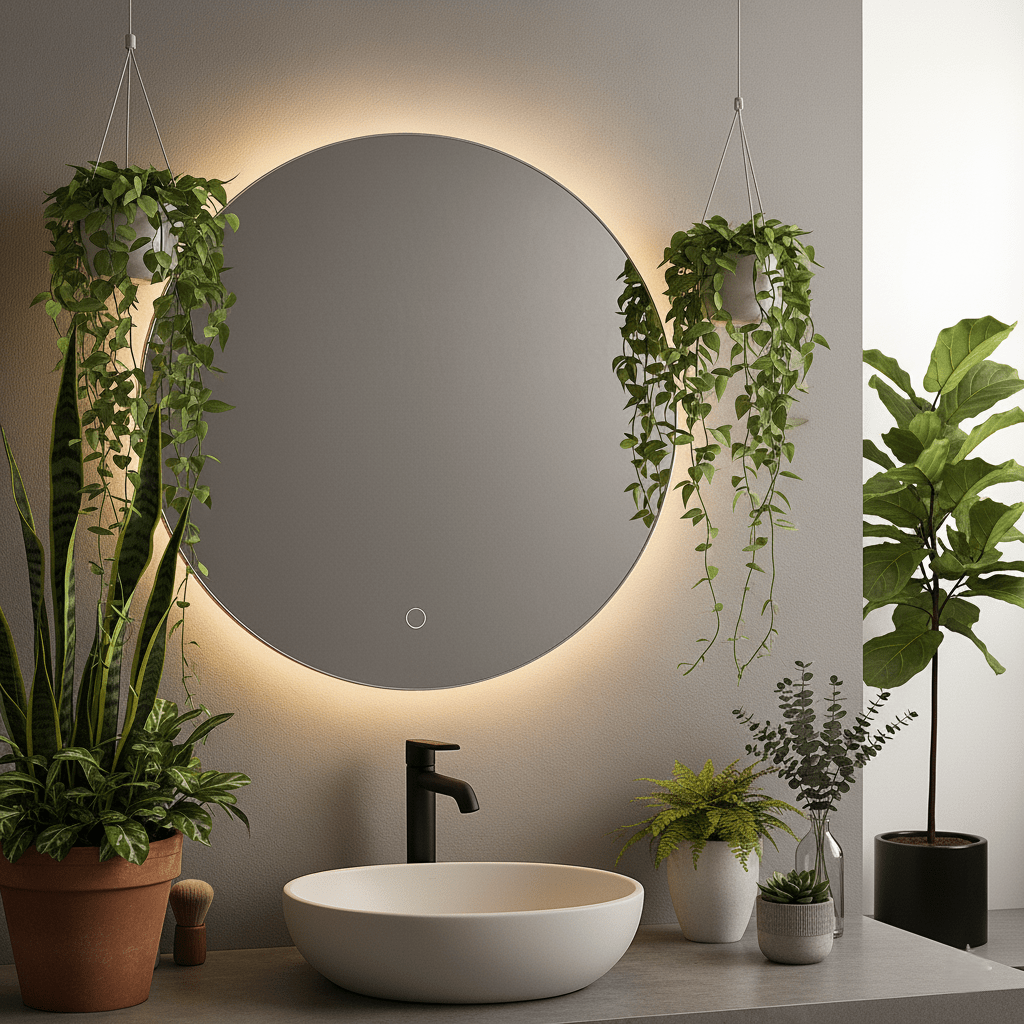 Round frameless LED bathroom mirror with a backlit glow.
