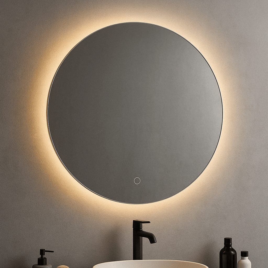 Frameless LED mirror with backlit glow above modern sink in minimalist bathroom setting.