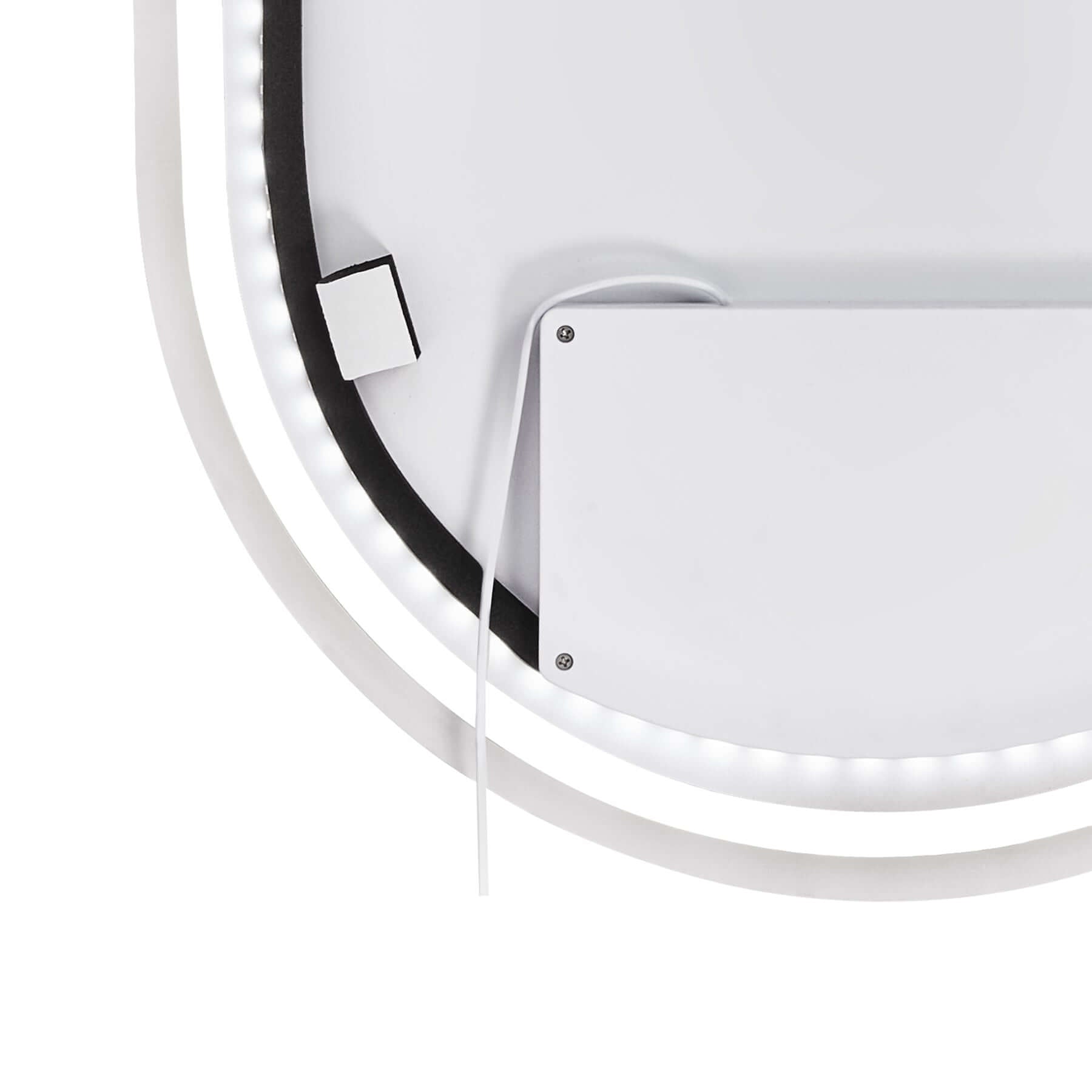 Close-up of the back of an Oval Frameless LED Mirror showing integrated LED lights and power connection.