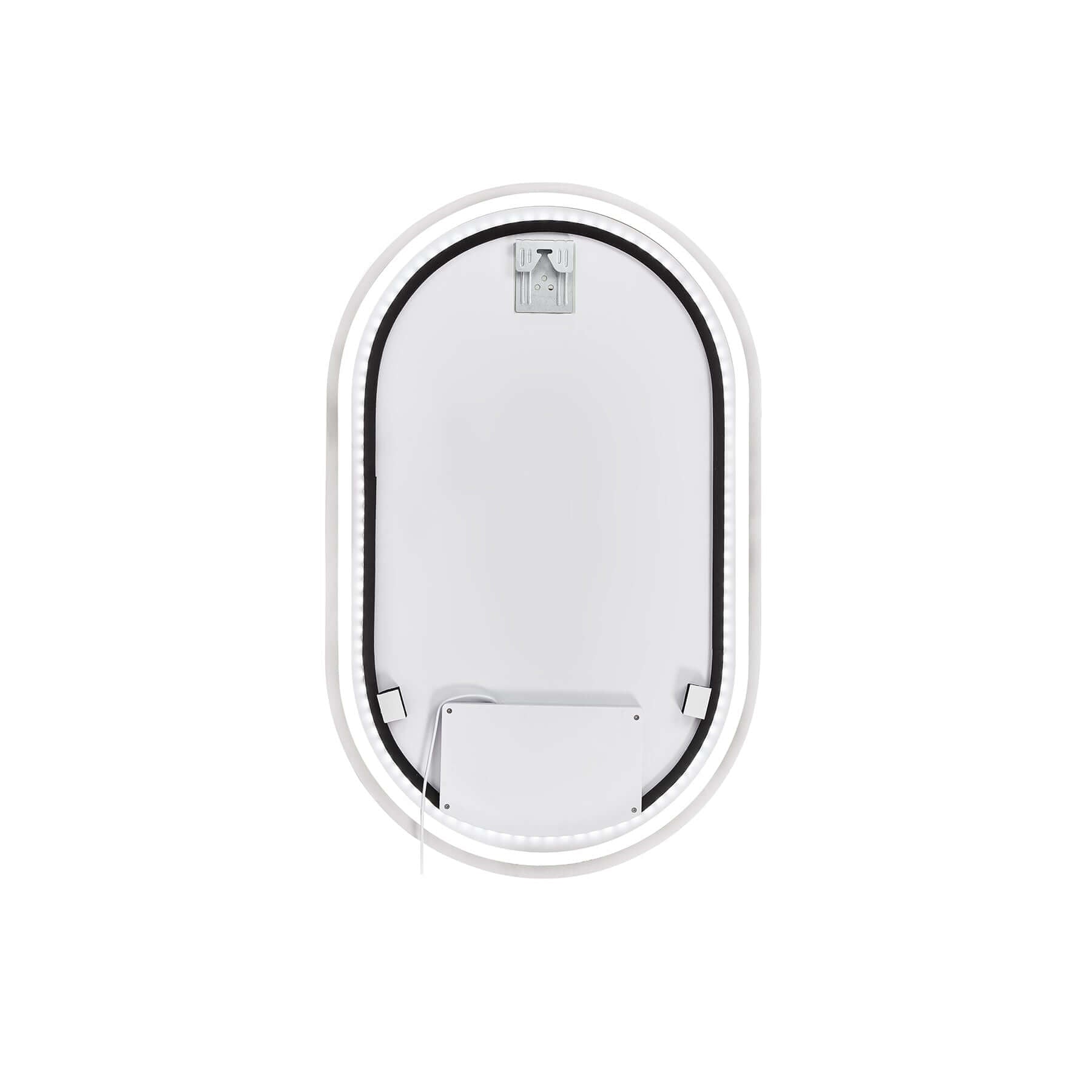 Oval frameless LED mirror with integrated backlit and frontlit lights for modern minimalist decor.
