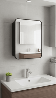 Matte black aluminium bathroom mirror cabinet with a mirrored door.