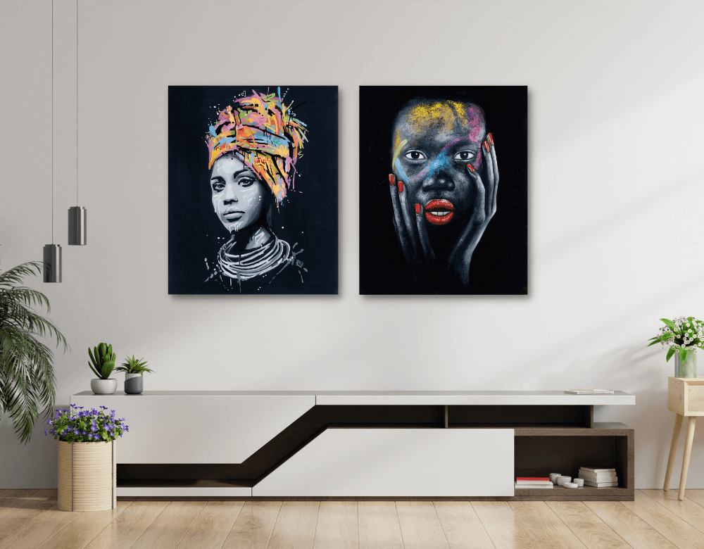 Yemaya 1200x800 canvas art featuring vibrant portraits on a stylish wall in a modern living room setting.