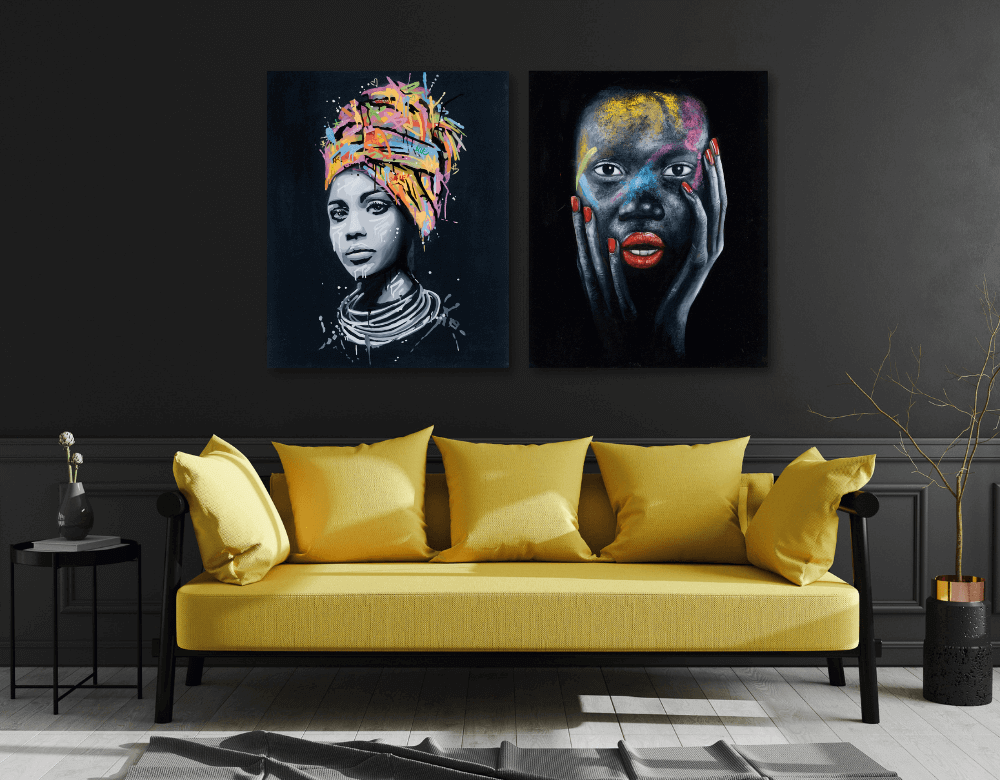Yemaya 1200 x 800 canvas art featuring vibrant portraits on a black wall, enhancing room decor with color and style.