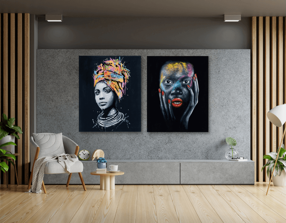Two vibrant canvases featuring striking portraits, adding color and style to a modern living room.