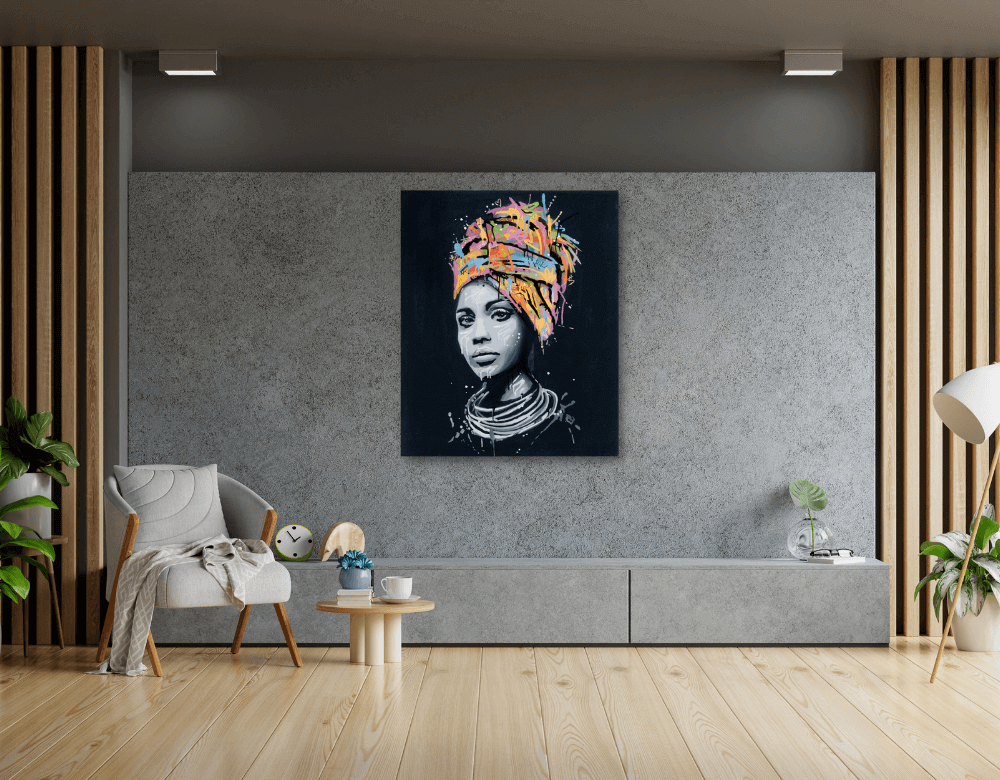 Yemaya 1200 x 800 canvas art featuring a woman with a colorful head wrap, brightening up modern interior decor.