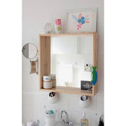 Square oak-framed wall mirror with a front shelf.